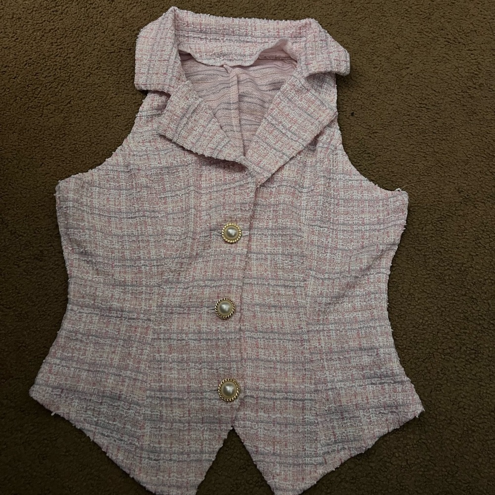 SHEIN Pink Tweed Vest with Pearl Accents